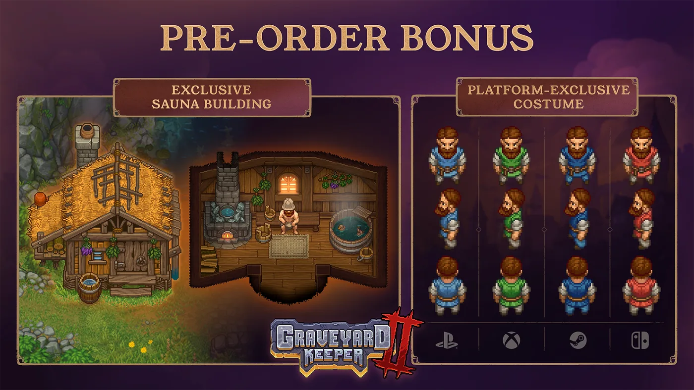 Official Graveyard Keeper 2 preorder bonus graphic showing a sauna and platform-exclusive outfits